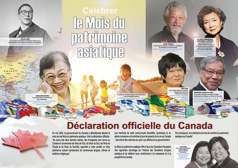 An educational poster celebrating iconic global leaders of Asian descent, ideal for Asian Heritage Month. This poster features the current Dalai Lama, the environmental activist David Suzuki, former Canadian Governor General, Adrienne Clarkson, Canadian Senator Thanh Hai Ngo, Canadian Cabinet Minister, Bev Oda, the first female president of the Philippines, Corazon Aquino, and images of other smiling, joyful Asians to depict familial relationships. Created by African-Canadian artist Robert Small.