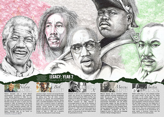 “An educational poster, ideal for Black History Month featuring Nelson Mandela, former President of South Africa and activist, singer and revolutionary Bob Marley, activist and leader Malcolm X, leader Marcus Garvey and the icon of the civil rights movement Martin Luther King Jr. created by African-Canadian artist Robert Small.”