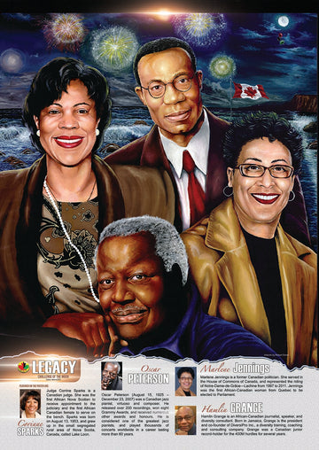 “An educational poster, ideal for Black History Month featuring judge Corrine Sparks, journalist Hamlin Grange, politician Marlene Jennings and musician Oscar Peterson created by African-Canadian artist Robert Small.”